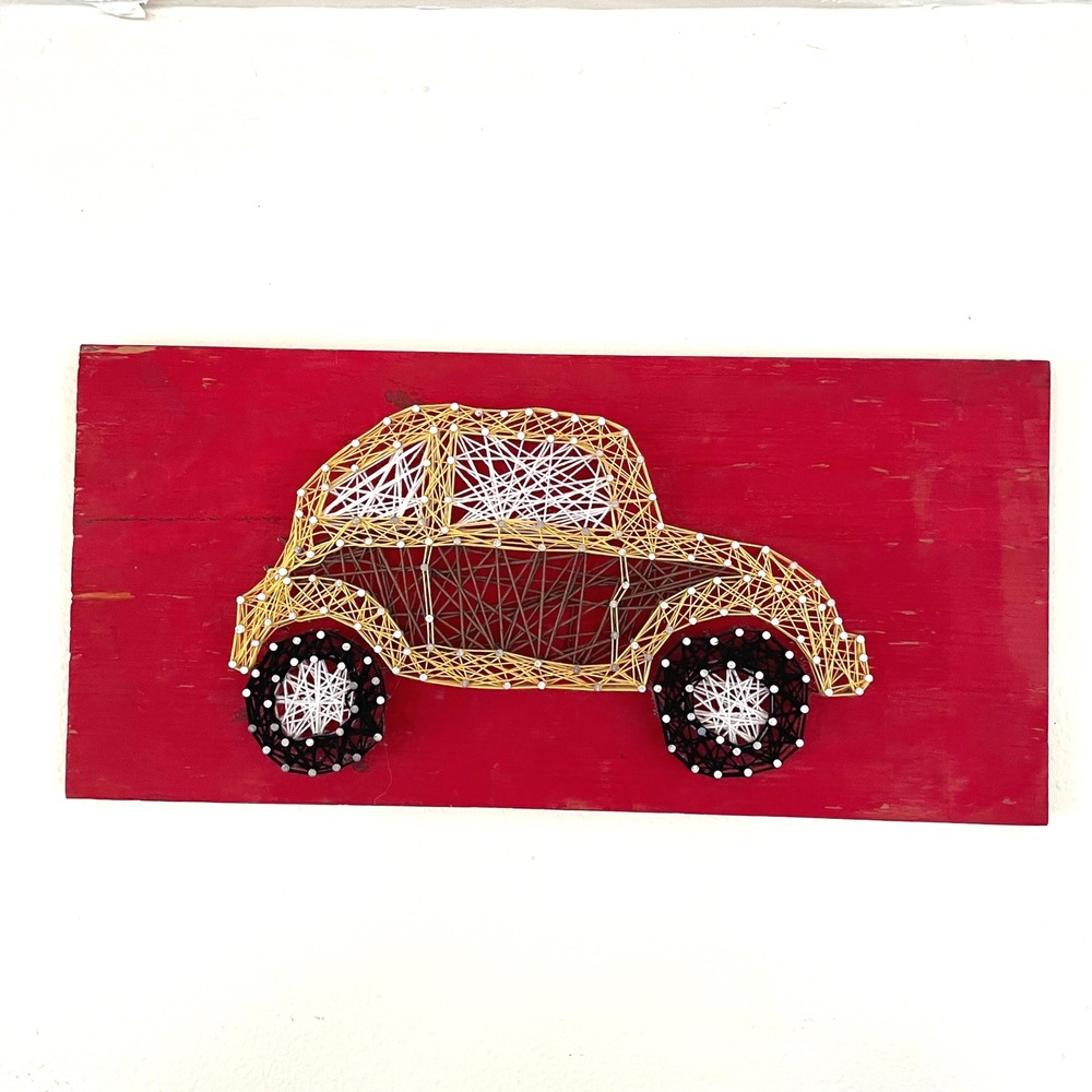 Vintage Car Nail‎ String Art On Wood Red Yellow Boho 17x8 Handmade